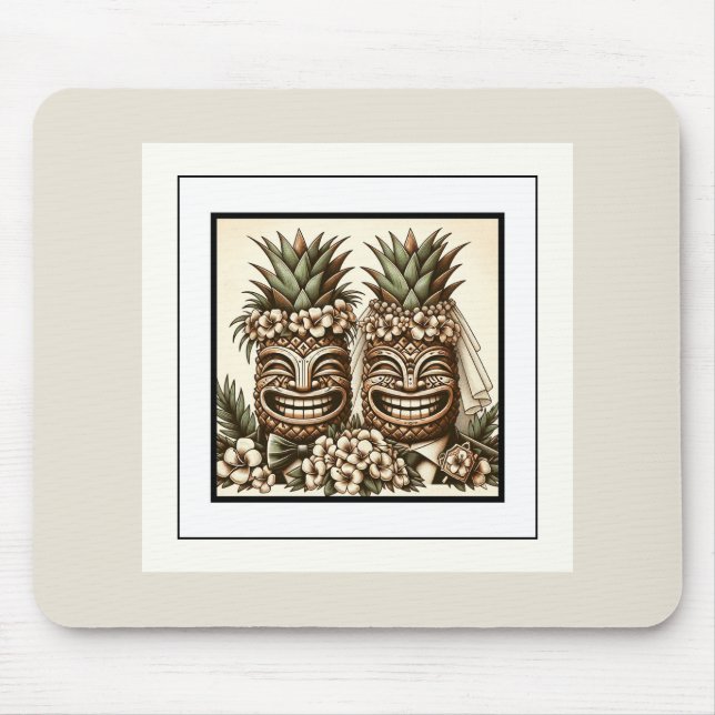 Zwei Grooms Gay Pineaple Tiki Head Retro Hochzeit Mousepad (Vorne)