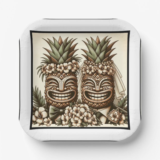 Zwei Grooms Gay Pineaple Tiki Head Retro Hochzeit Pappteller (Vorderseite)