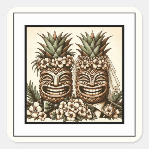 Zwei Grooms Gay Pineaple Tiki Head Retro Hochzeit Quadratischer Aufkleber