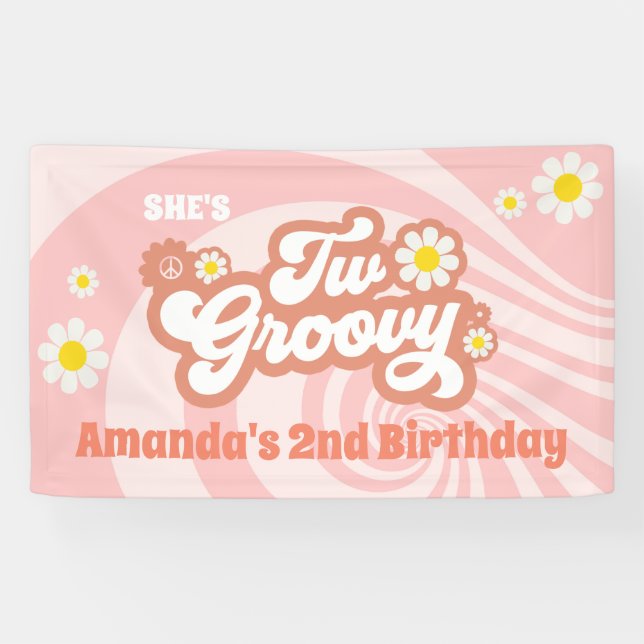 Zwei Groovy 2. Geburtstag Party Retro Daisy Banner (Horizontal)