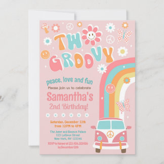 Zwei Groovy Boho Retro 2. Geburtstag Einladungen