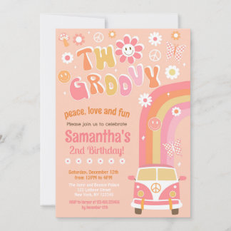 Zwei Groovy Boho Retro 2. Geburtstag Einladungen