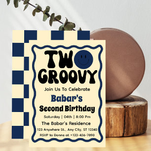 Zwei Groovy Boy 2nd Geburtstag Retro Wavy Curve  Einladung