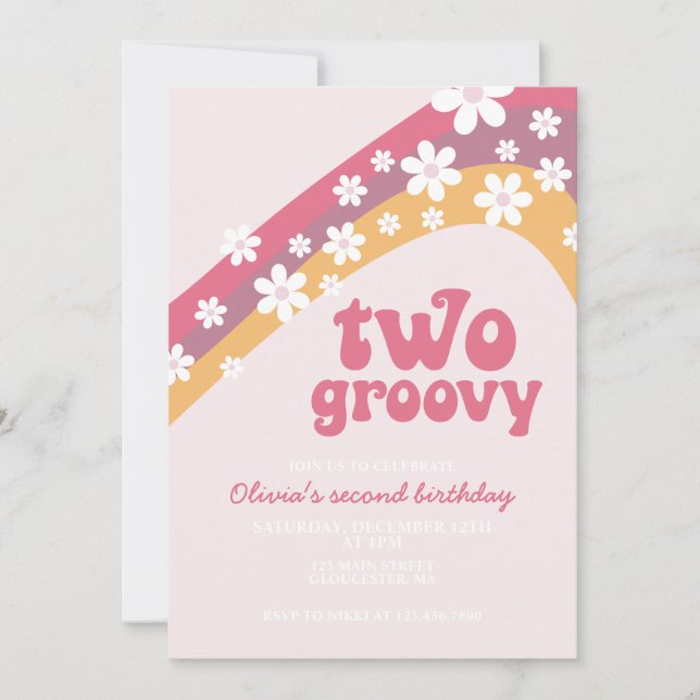 Zwei Groovy daisy boho florale 2. Geburtstag Einladung (Vorderseite)