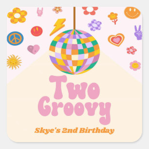 Zwei Groovy Disco Ball 2. Geburtstag Gastgeschenk Quadratischer Aufkleber