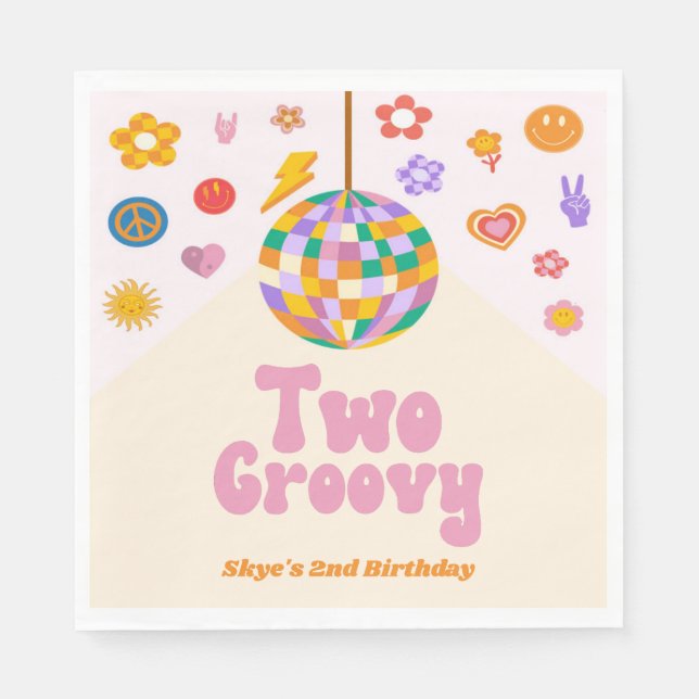 Zwei Groovy Disco Ball 2. Geburtstag Party Serviette (Vorderseite)
