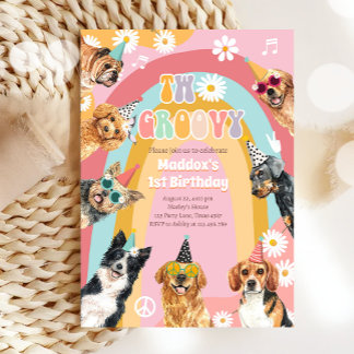 Zwei Groovy Dog Retro Pawty Girl Geburtstag Einladung