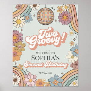 Zwei Groovy Floral 2. Geburtstag Retro Begrüßungsz Poster