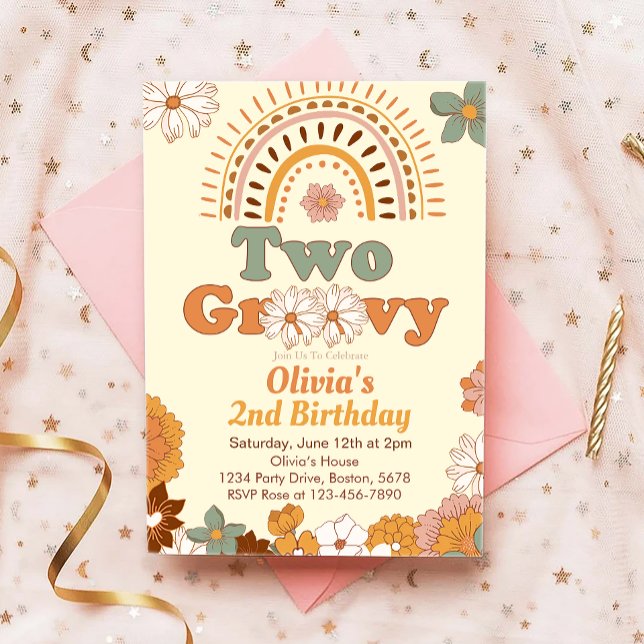 Zwei Groovy Floral Rainbow 2. Geburtstag Einladung (Von Creator hochgeladen)