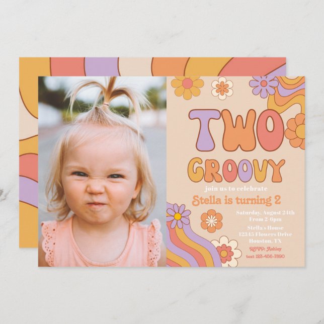 Zwei Groovy Foto Einladung | Groovy Birthday (Vorne/Hinten)