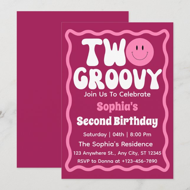 Zwei Groovy Girl 2. Geburtstag Retro Einladung (Vorne/Hinten)