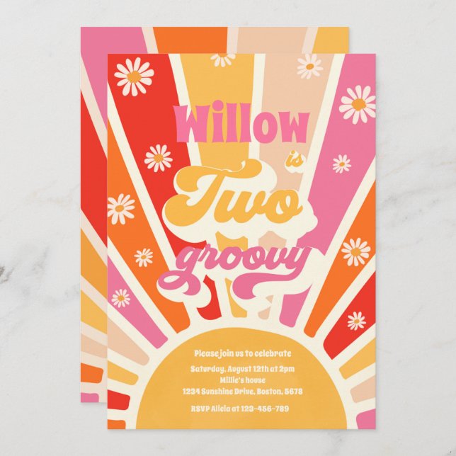 Zwei Groovy Hippie 2. Geburtstag Sunshine Daisy Einladung (Vorne/Hinten)