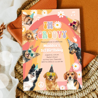Zwei Groovy Hund Retro Pawty Boy Geburtstag Einladung