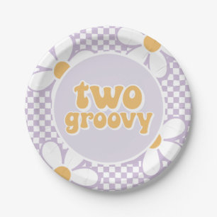 Zwei Groovy Lila Gänseblümchen Karo Pappteller