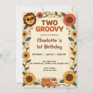 Zwei Groovy Löwe Geburtstag Retro 70er 2. Geburtst Einladung