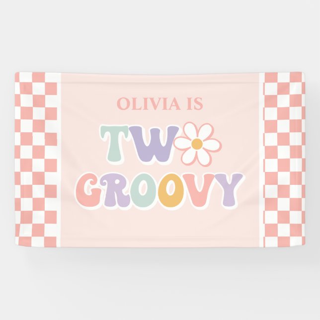 Zwei Groovy Pink Daisy Schachbrett Banner (Horizontal)
