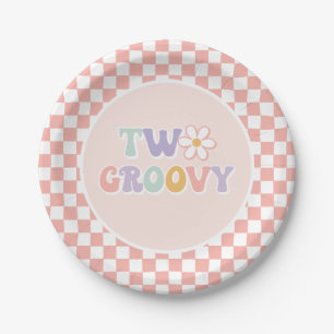 Zwei Groovy Pink Daisy Schachbrett Pappteller