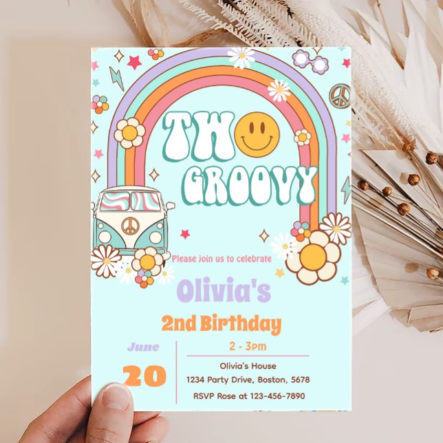 Zwei Groovy Rainbow Blume 2. Geburtstag Einladung (Von Creator hochgeladen)