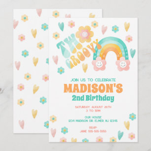 Zwei Groovy Regenbogen Blumen 70er Retro 2. Geburt Einladung