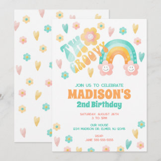 Zwei Groovy Regenbogen Blumen 70er Retro 2. Geburt Einladung