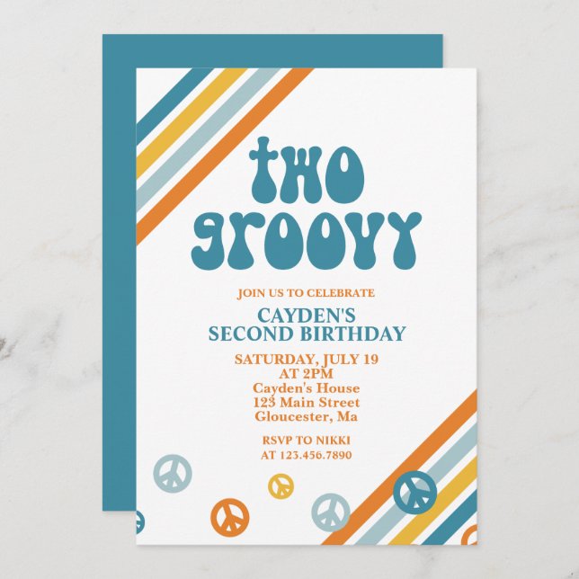 Zwei Groovy Retro Boy 2. Geburtstag Einladung (Vorne/Hinten)