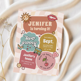 Zwei Groovy Retro Daisy Girl 2. Geburtstag Einladung