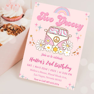 Zwei Groovy Retro Daisy Rainbow 2. Geburtstag Einladung
