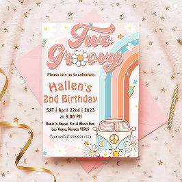 Zwei Groovy Retro Daisy Rainbow 2. Geburtstag Einladung