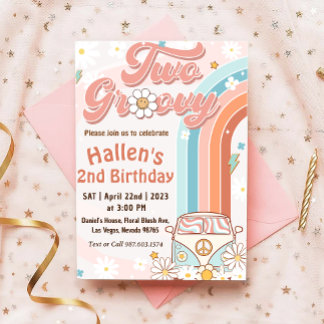 Zwei Groovy Retro Daisy Rainbow 2. Geburtstag Einladung