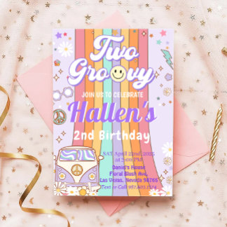 Zwei Groovy Retro Daisy Rainbow 2. Geburtstag Einladung