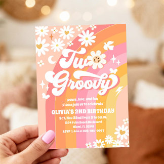 Zwei Groovy Retro Einladungen zum 2. Geburtstag
