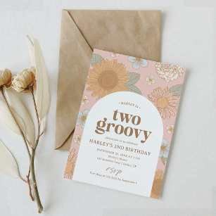 Zwei Groovy Retro Floral 2. Geburtstag Einladung