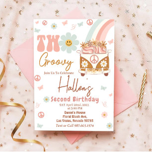 Zwei Groovy Retro Floral Regenbogen 2. Geburtstag Einladung