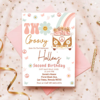 Zwei Groovy Retro Floral Regenbogen 2. Geburtstag Einladung