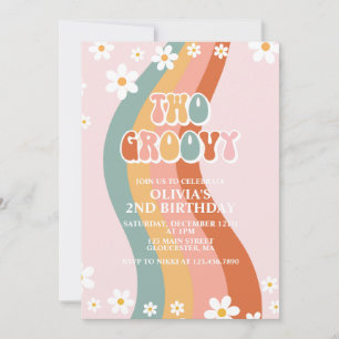 Zwei Groovy Retro Gänseblümchen Regenbogen 2. Gebu Einladung
