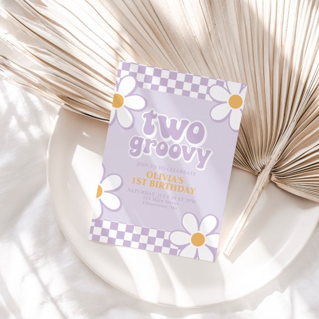 Zwei Groovy Retro Karo Lilac Daisy Einladung (Von Creator hochgeladen)