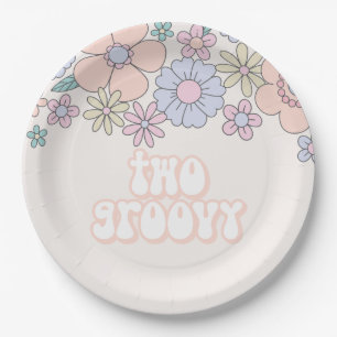 Zwei Groovy Retro-Pastell-Blumen zum 2. Geburtstag Pappteller