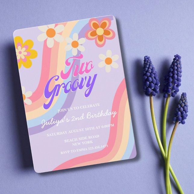 Zwei Groovy Retro Rainbow 2. Geburtstag Einladung (Von Creator hochgeladen)