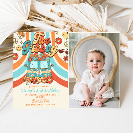 Zwei Groovy Retro Rainbow 2. Geburtstag Party Foto Einladung