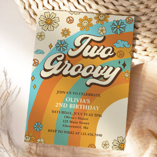 Zwei Groovy Retro Rainbow 2. Party zum Geburtstag Einladung