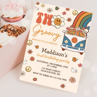 Zwei Groovy Retro Rainbow 2. Party zum Geburtstag Einladung