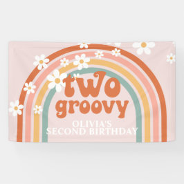 Zwei Groovy Retro Rainbow Daisy Birthday Banner