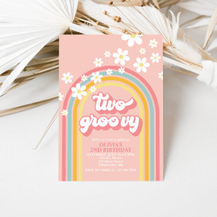 Zwei Groovy Retro Regenbogen 2. Geburtstag Einladung