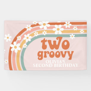 Zwei Groovy Retro Regenbogen Gänseblümchen Geburts Banner