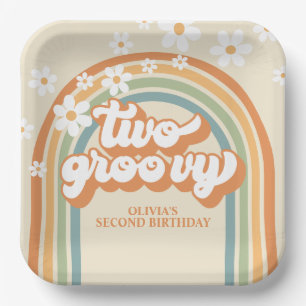 Zwei Groovy Retro Regenbogen Gänseblümchen Geburts Pappteller