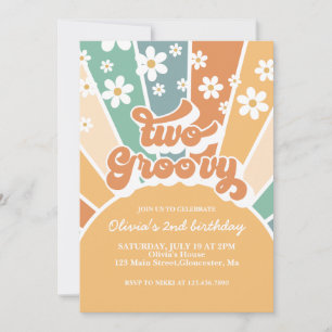 Zwei Groovy Retro Sunshine Rainbow Daisy Einladung