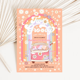 ZWEI Groovy Van Daisy Hippie 70er 2. Geburtstag Einladung