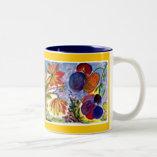 Zwei große blaue und orange Blumen-Tasse Zweifarbige Tasse (Rechts)