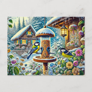 Zwei große Tit-Vögel am Züchter im Winter Postkarte