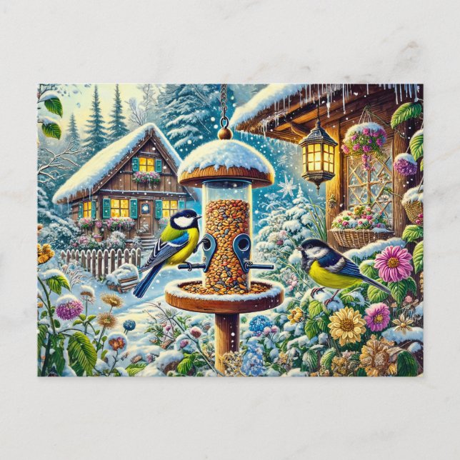 Zwei große Tit-Vögel am Züchter im Winter Postkarte (Vorderseite)
